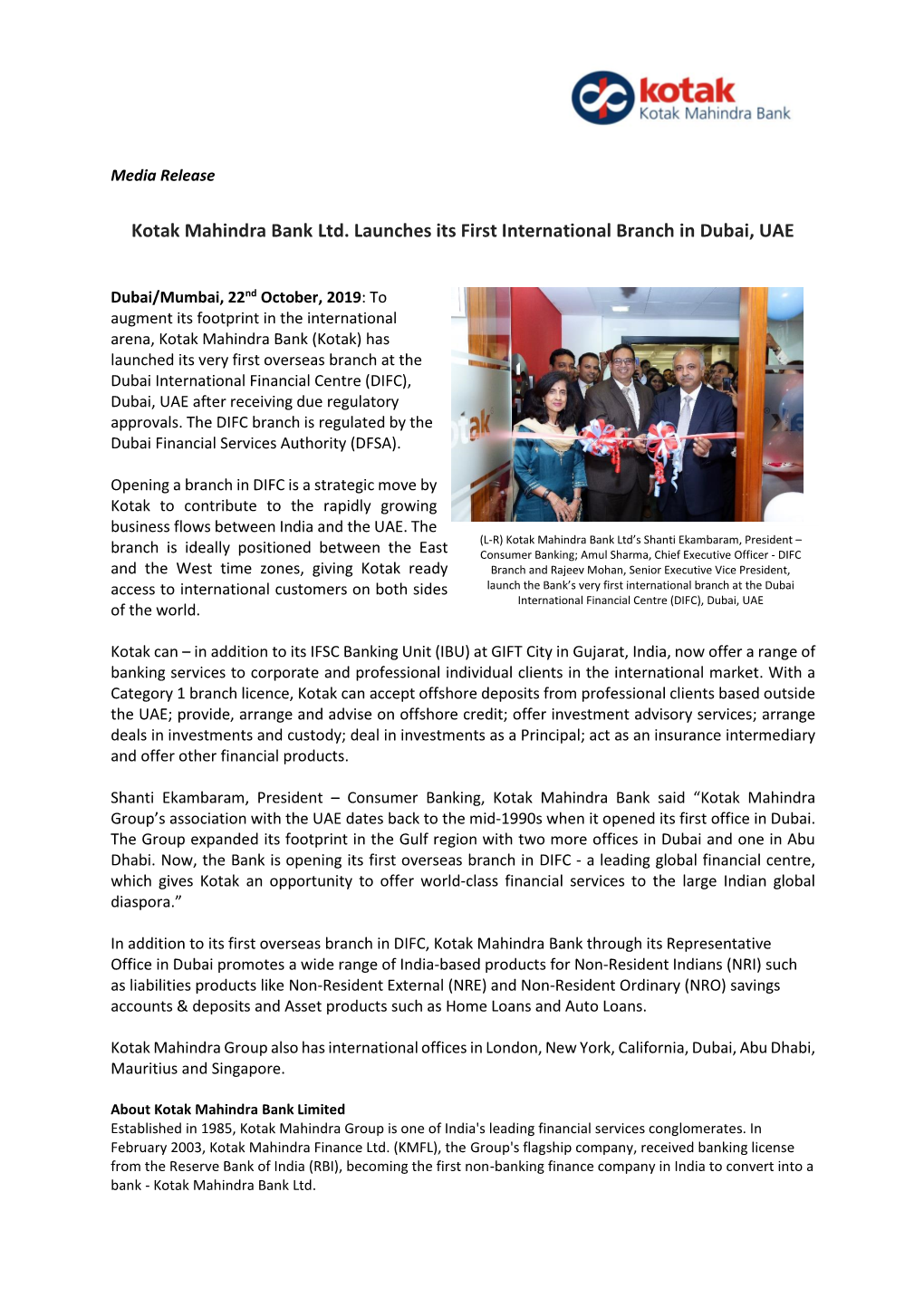 Kotak Mahindra Bank Ltd. Launches Its First International Branch in Dubai, UAE