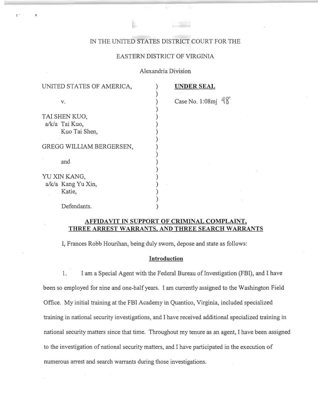 USA V. Tai Shen Kuo, Affidavit in Support of Criminal Complaint