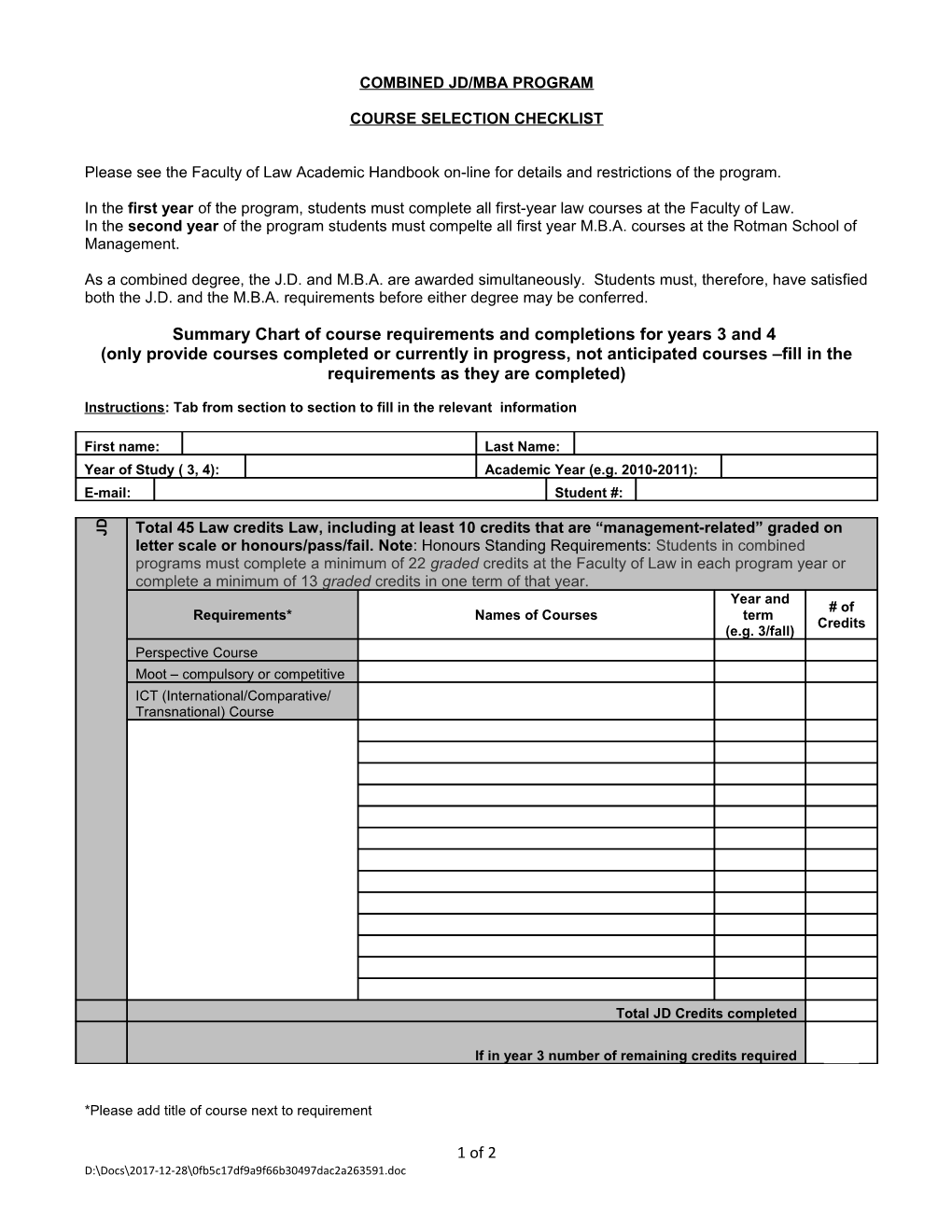 Course Selection Checklist for the Combined JD/MA in International Relations Program