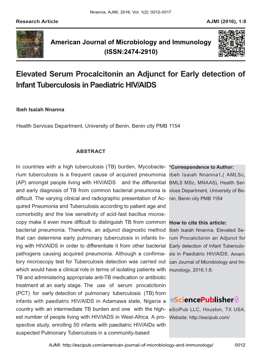 Elevated Serum Procalcitonin an Adjunct for Early Detection of Infant Tuberculosis in Paediatric HIV/AIDS