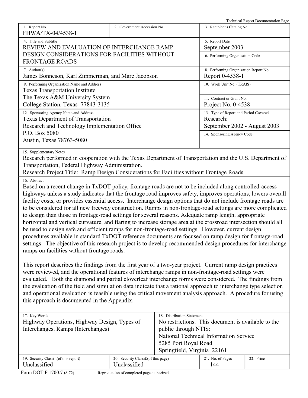 Review and Evaluation of Interchange Ramp Design Considerations for Facilities Without Frontage Roads