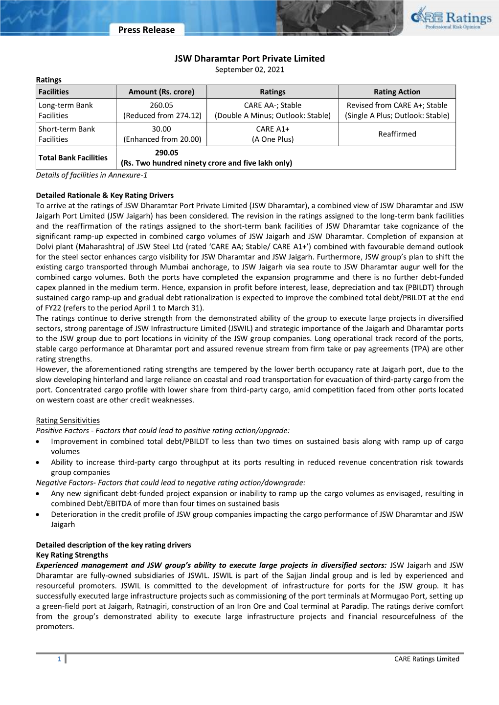 Press Release JSW Dharamtar Port Private Limited