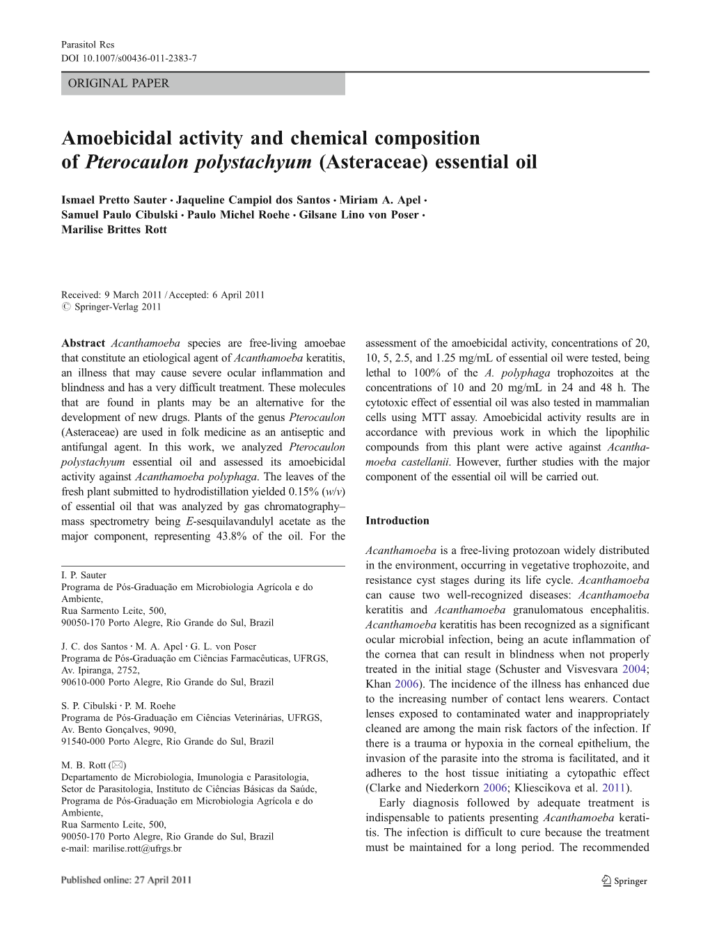 Amoebicidal Activity and Chemical Composition of Pterocaulon Polystachyum (Asteraceae) Essential Oil