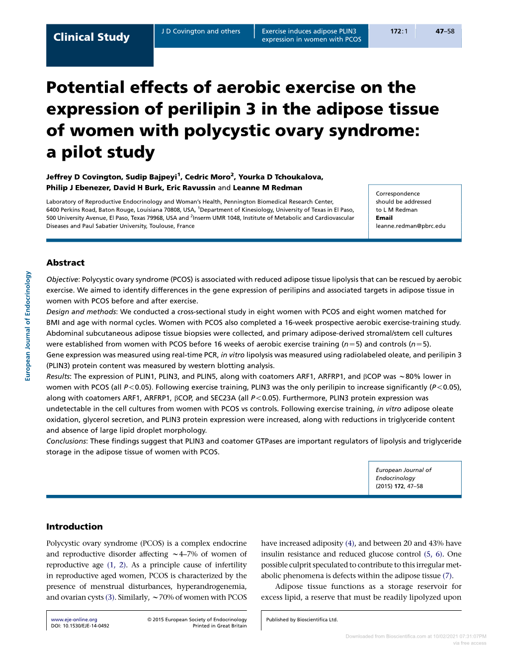 Potential Effects of Aerobic Exercise on the Expression of Perilipin 3 in the Adipose Tissue of Women with Polycystic Ovary Syndrome: a Pilot Study