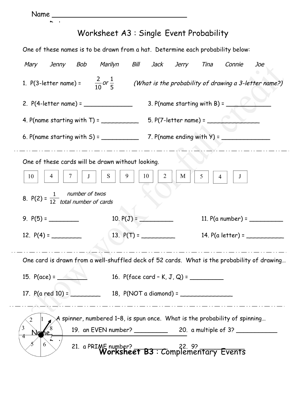 Worksheet A3 : Single Event Probability