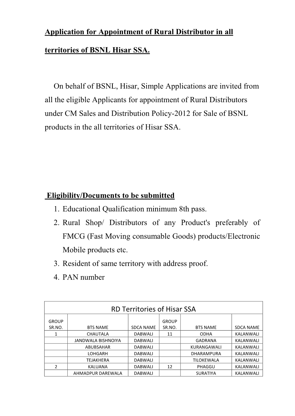 Application for Appointment of Rural Distributor in All Territories of BSNL Hisar SSA. on Behalf of BSNL, Hisar, Simple Applicat