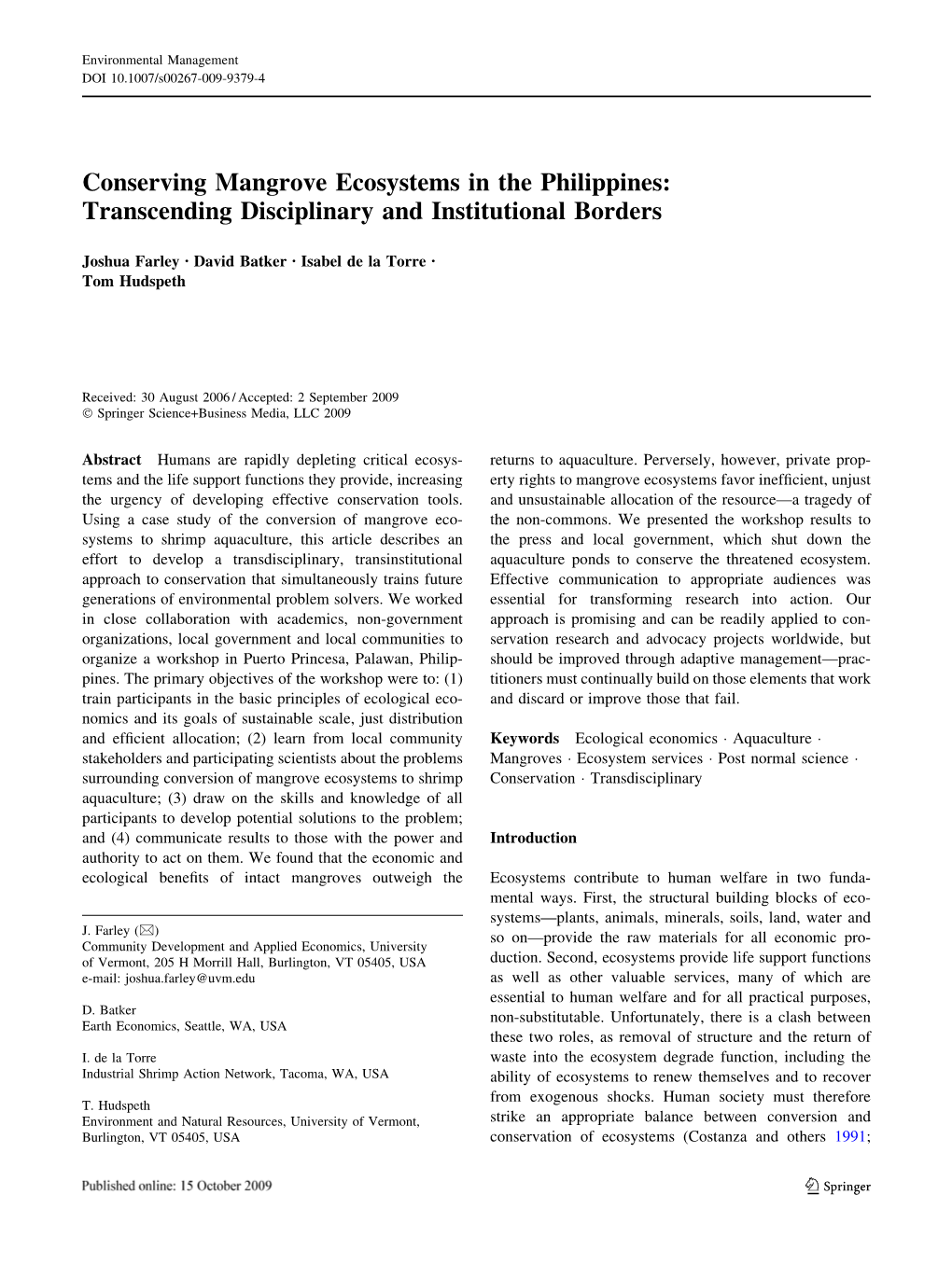 Conserving Mangrove Ecosystems in the Philippines: Transcending Disciplinary and Institutional Borders