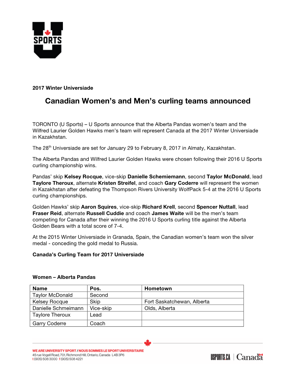Canadian Women's and Men's Curling Teams Announced