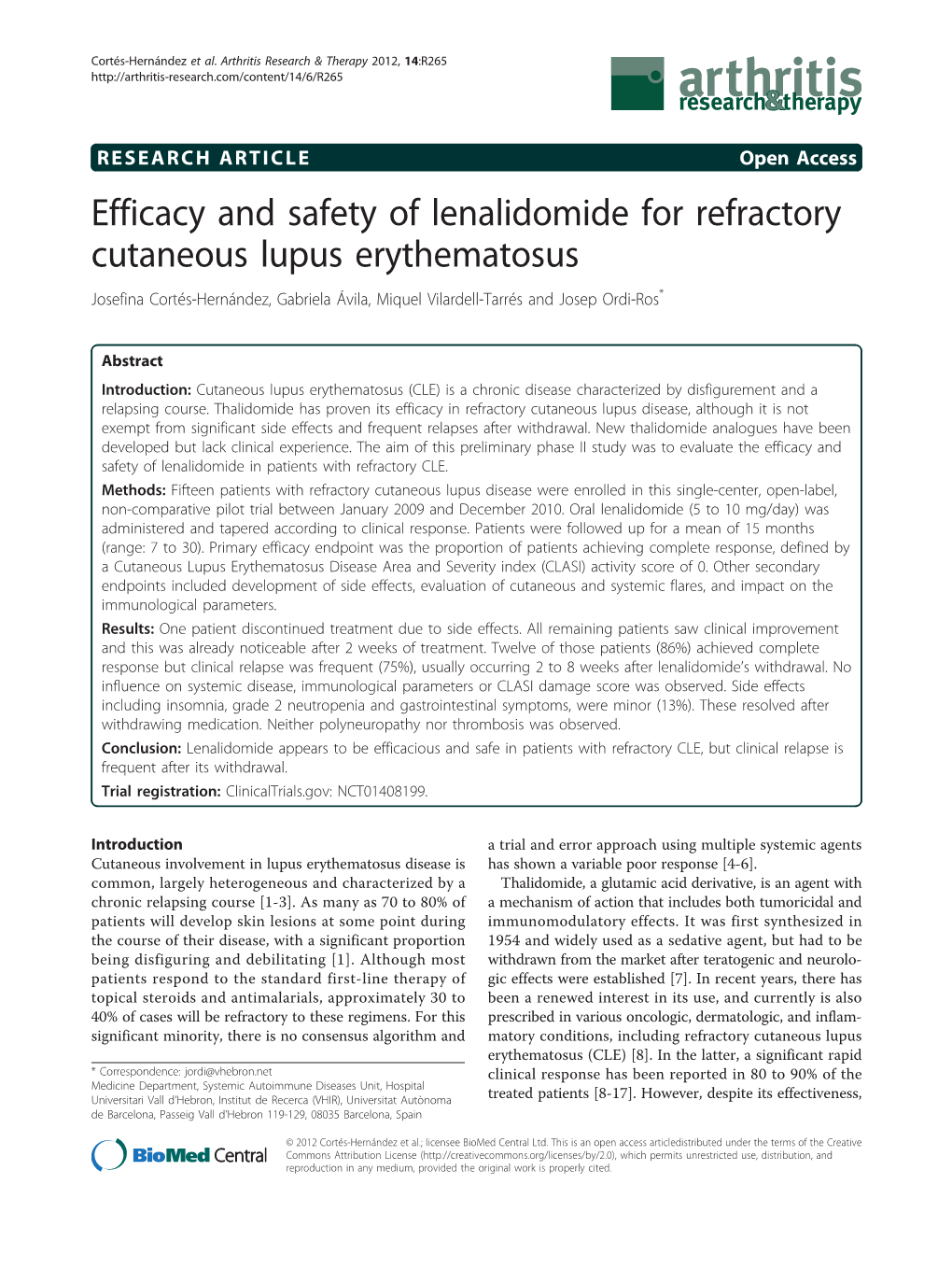 Efficacy and Safety of Lenalidomide for Refractory Cutaneous Lupus
