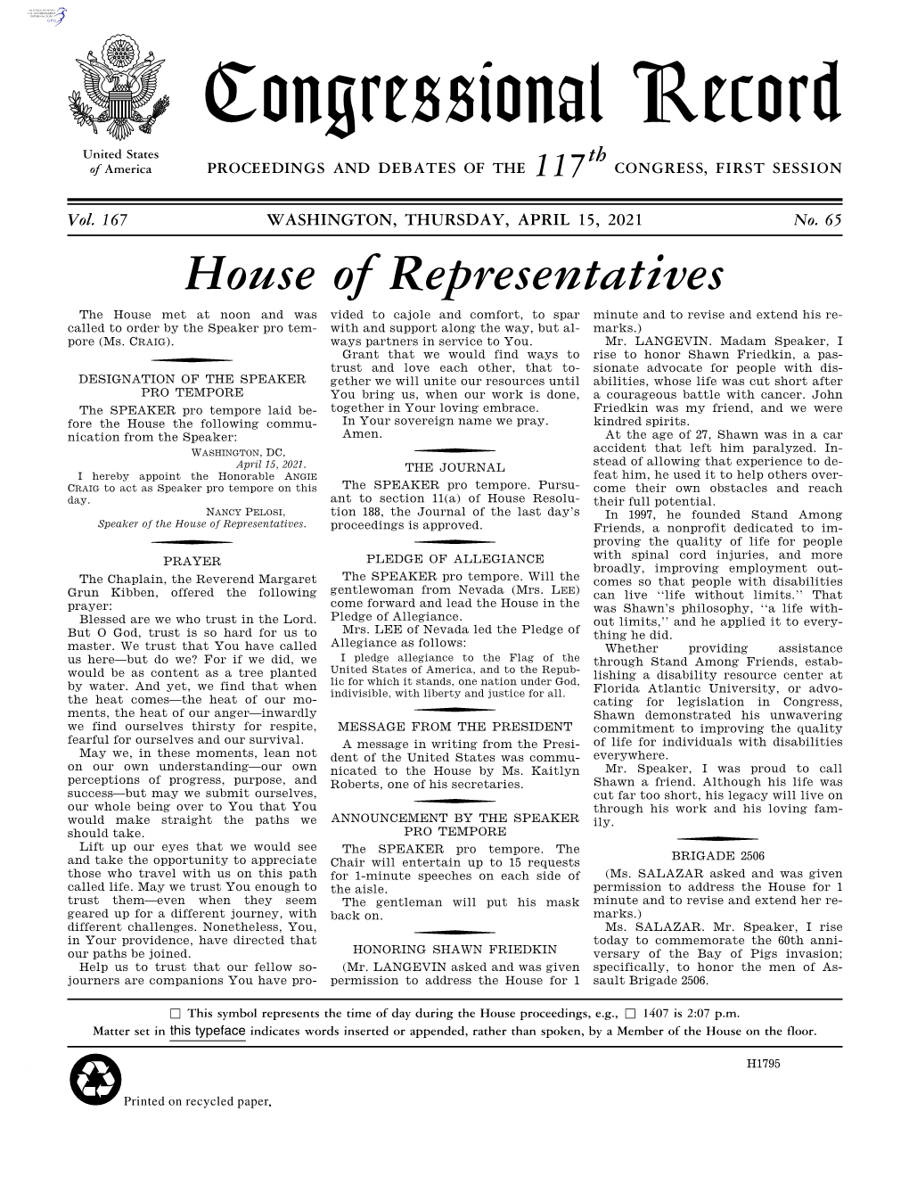 Congressional Record United States Th of America PROCEEDINGS and DEBATES of the 117 CONGRESS, FIRST SESSION