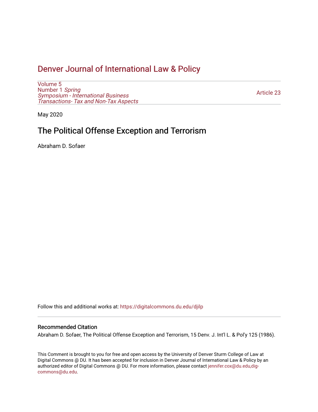The Political Offense Exception and Terrorism