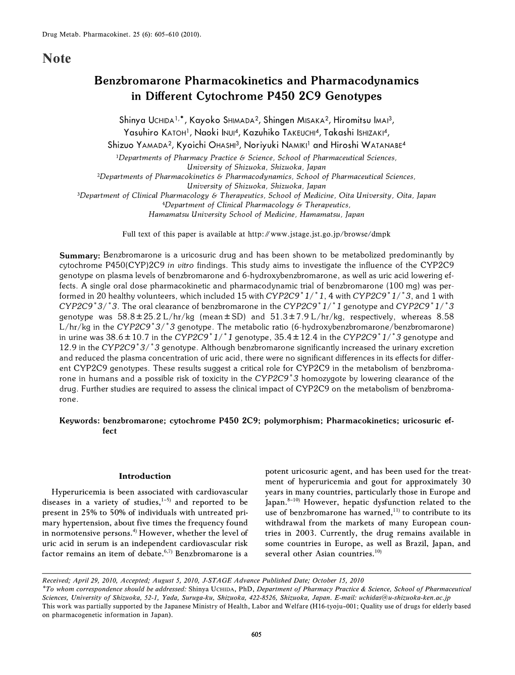 Benzbromarone Pharmacokinetics and Pharmacodynamics in Different Cytochrome P450 2C9 Genotypes