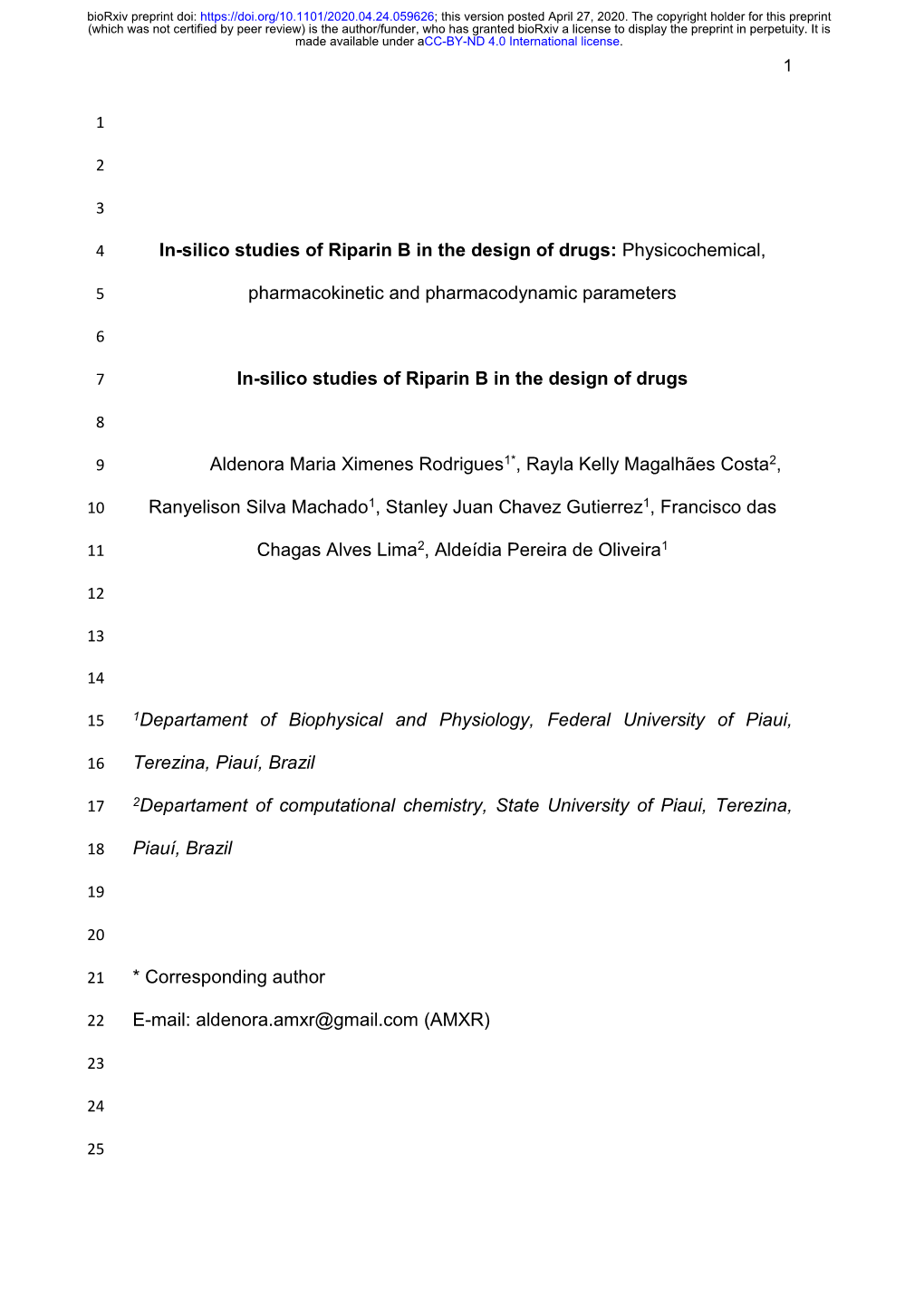 In-Silico Studies of Riparin B in the Design of Drugs: Physicochemical