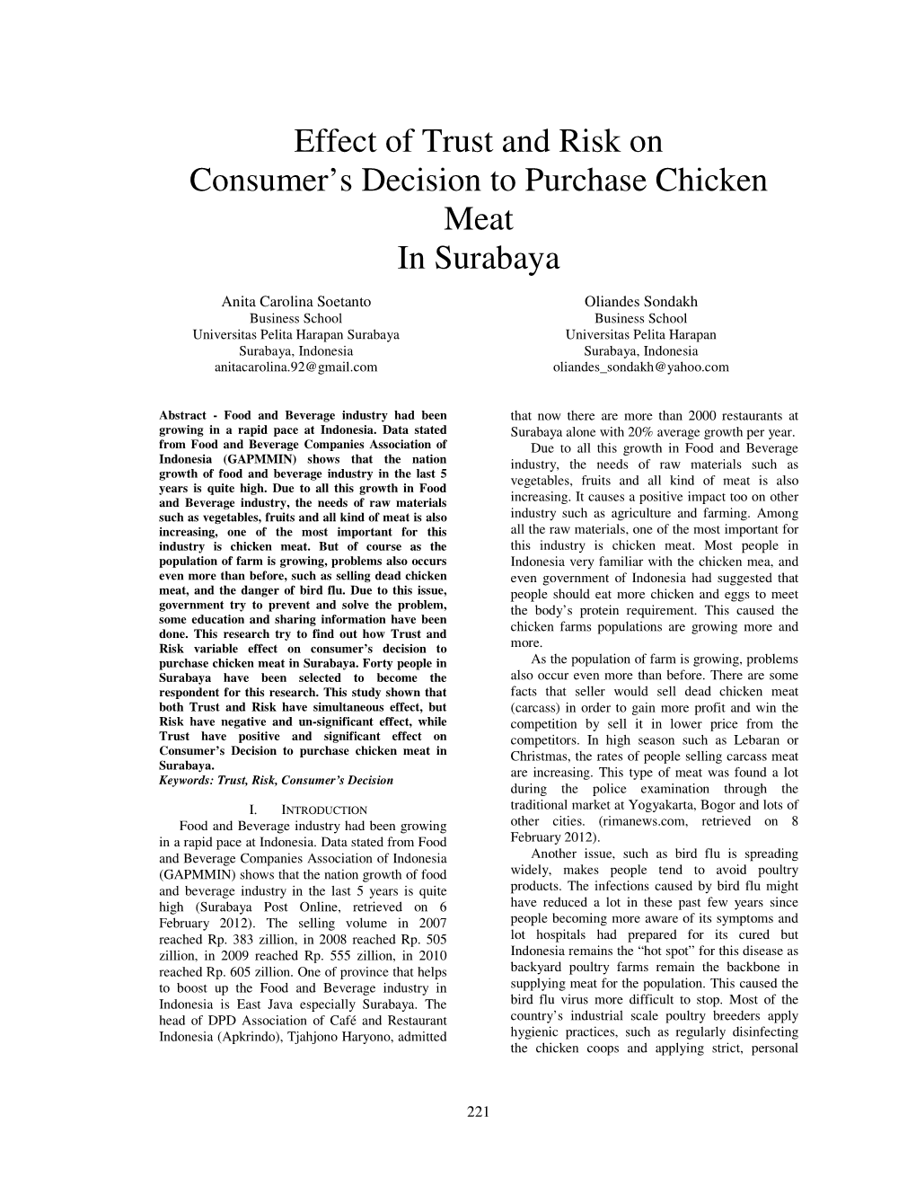 Effect of Trust and Risk on Consumer's Decision to Purchase Chicken