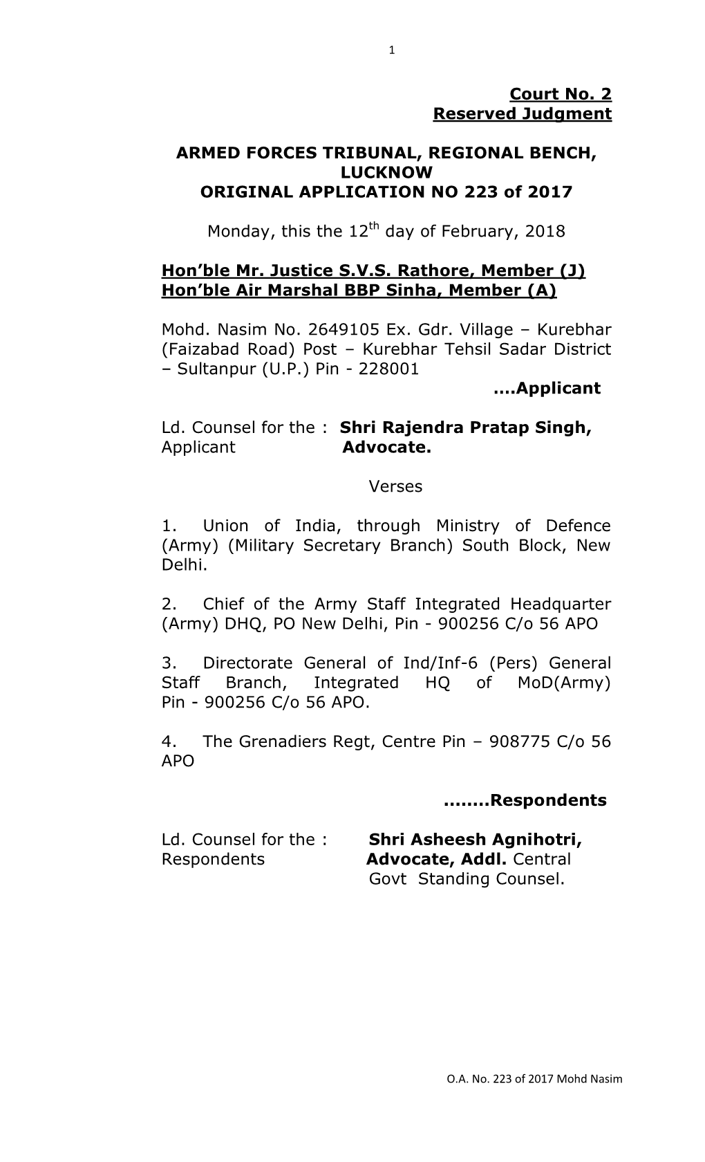 Court No. 2 Reserved Judgment ARMED FORCES TRIBUNAL