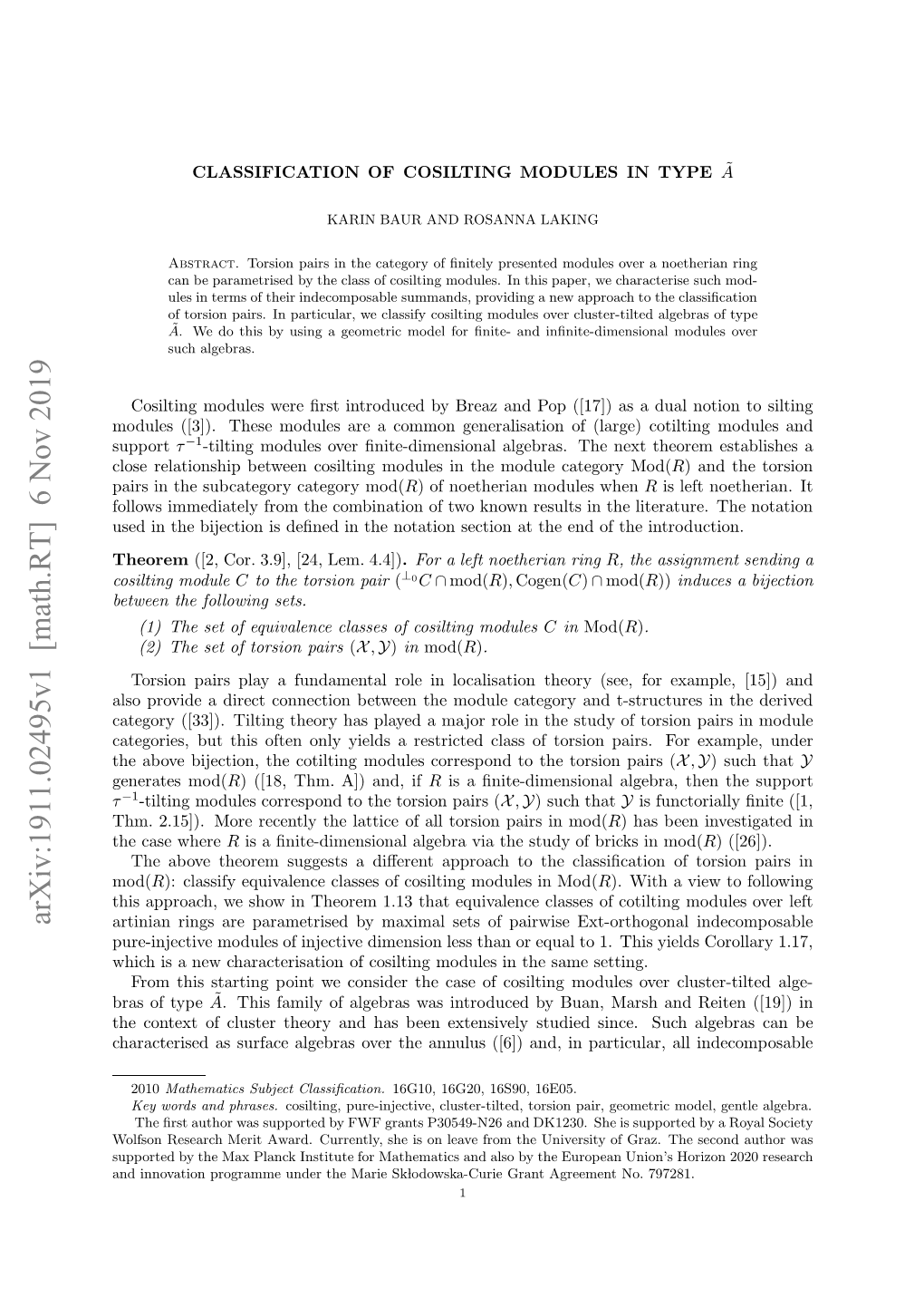 Arxiv:1911.02495V1 [Math.RT]