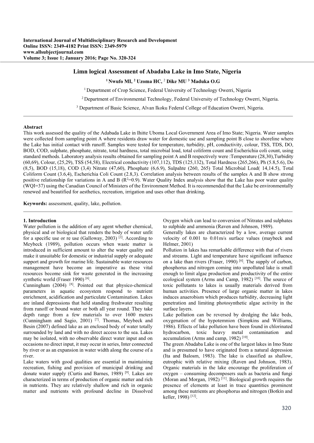 320 Limn Logical Assessment of Abadaba Lake in Imo State, Nigeria