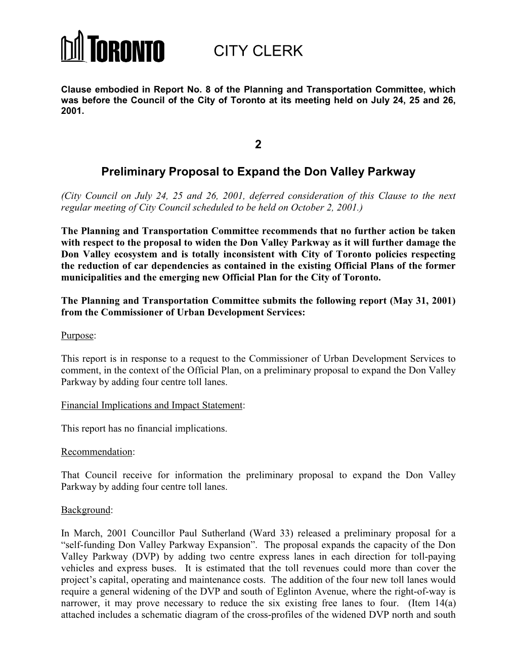 Preliminary Proposal to Expand the Don Valley Parkway