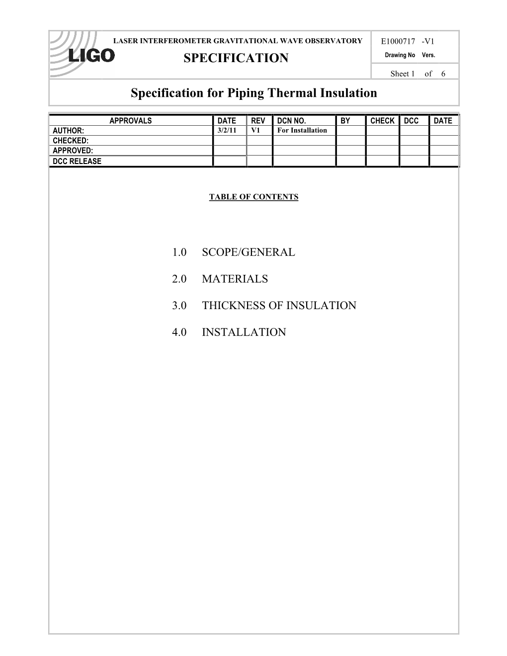 SPECIFICATION Specification for Piping Thermal Insulation