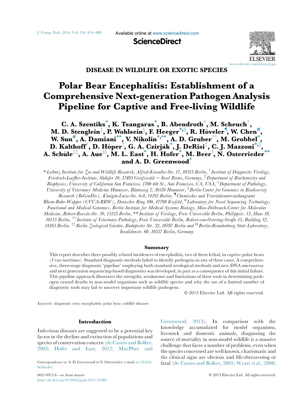 Polar Bear Encephalitis: Establishment of a Comprehensive Next-Generation Pathogen Analysis Pipeline for Captive and Free-Living Wildlife