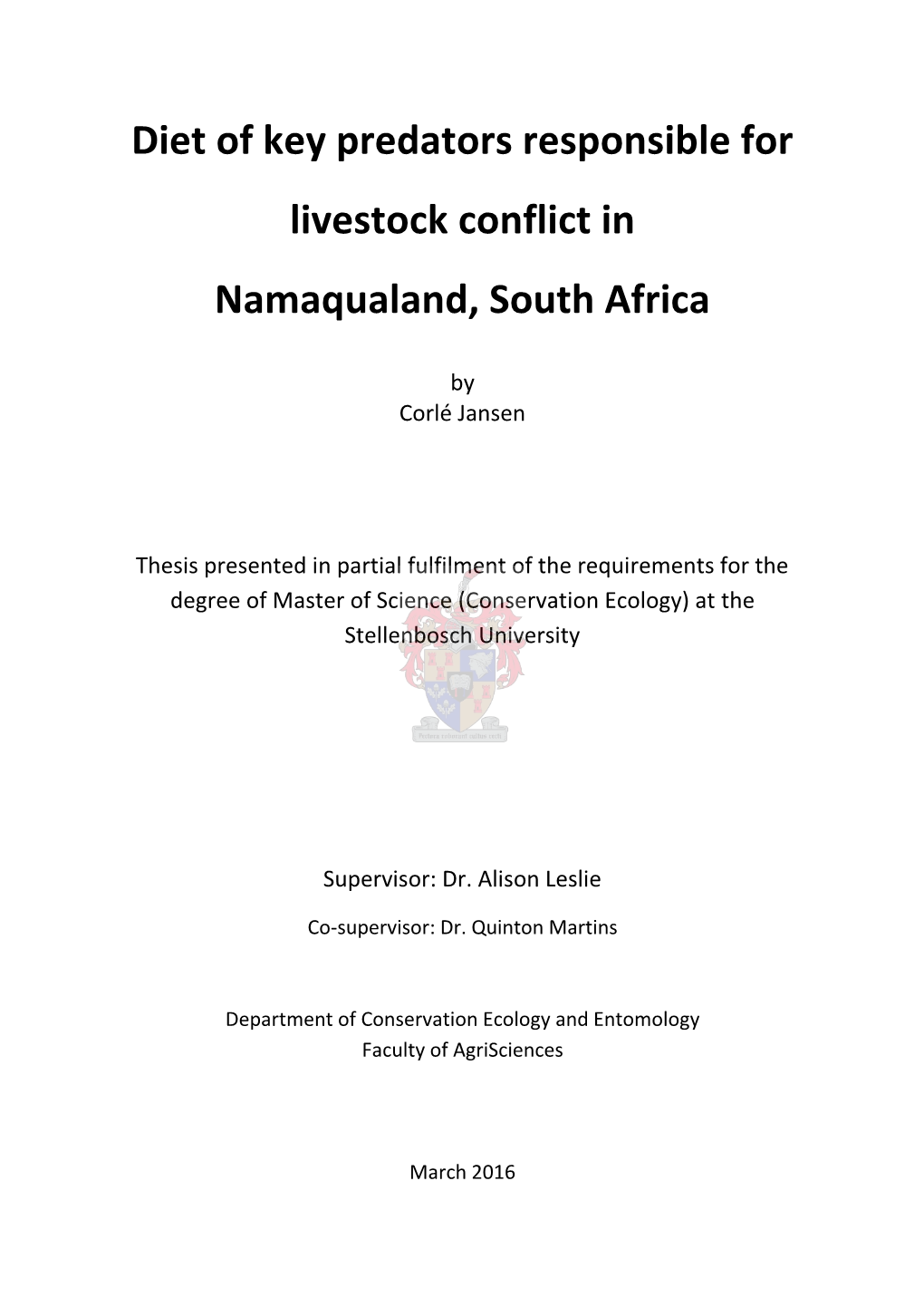 Diet of Key Predators Responsible for Livestock Conflict in Namaqualand, South Africa