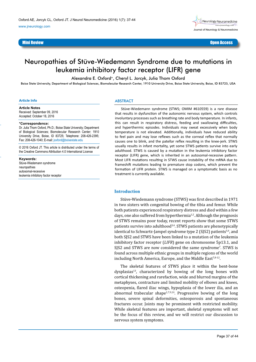 Neuropathies of Stüve-Wiedemann Syndrome Due to Mutations in Leukemia Inhibitory Factor Receptor (LIFR) Gene Alexandra E