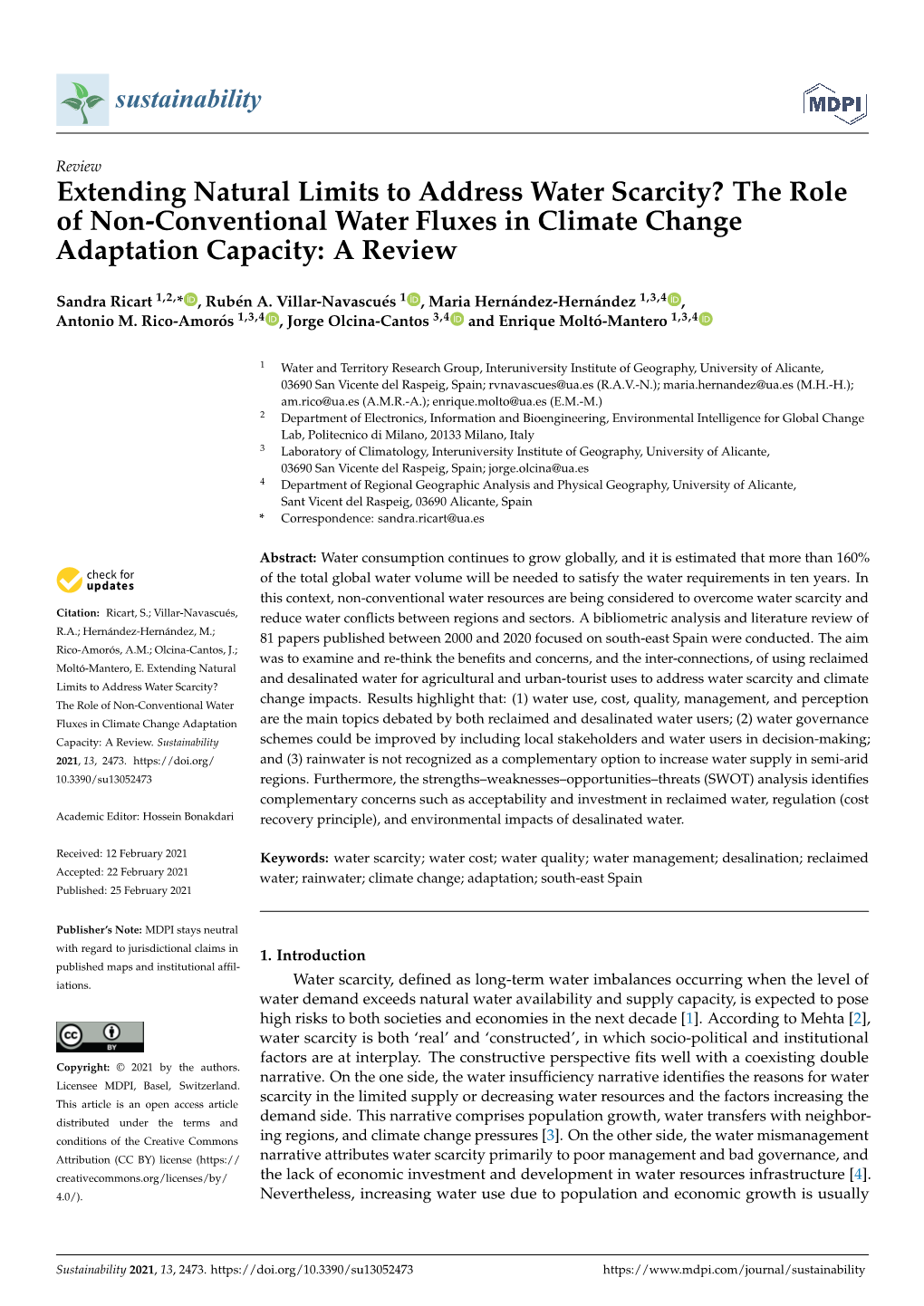 Extending Natural Limits to Address Water Scarcity? the Role of Non-Conventional Water Fluxes in Climate Change Adaptation Capacity: a Review
