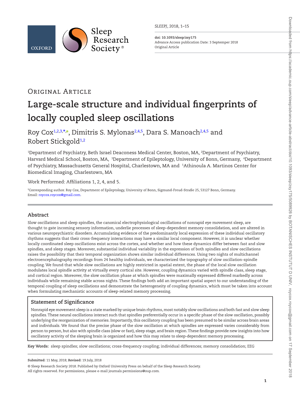 Large-Scale Structure and Individual Fingerprints of Locally Coupled Sleep Oscillations Roy Cox1,2,3,*, , Dimitris S