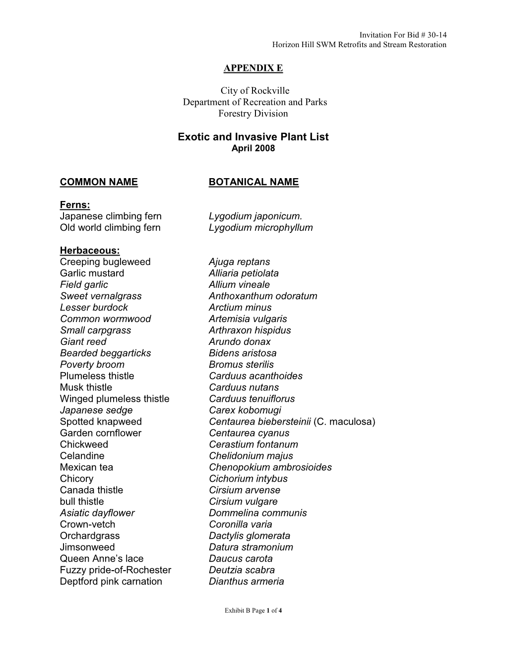 Exotic and Invasive Plant List April 2008