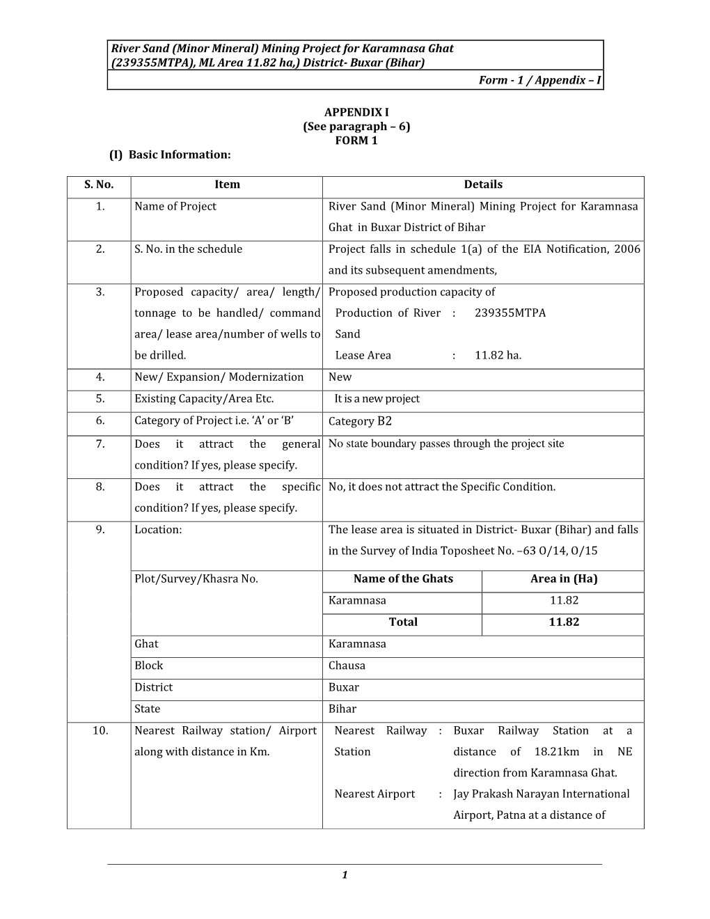 Buxar (Bihar) Form - 1 / Appendix – I