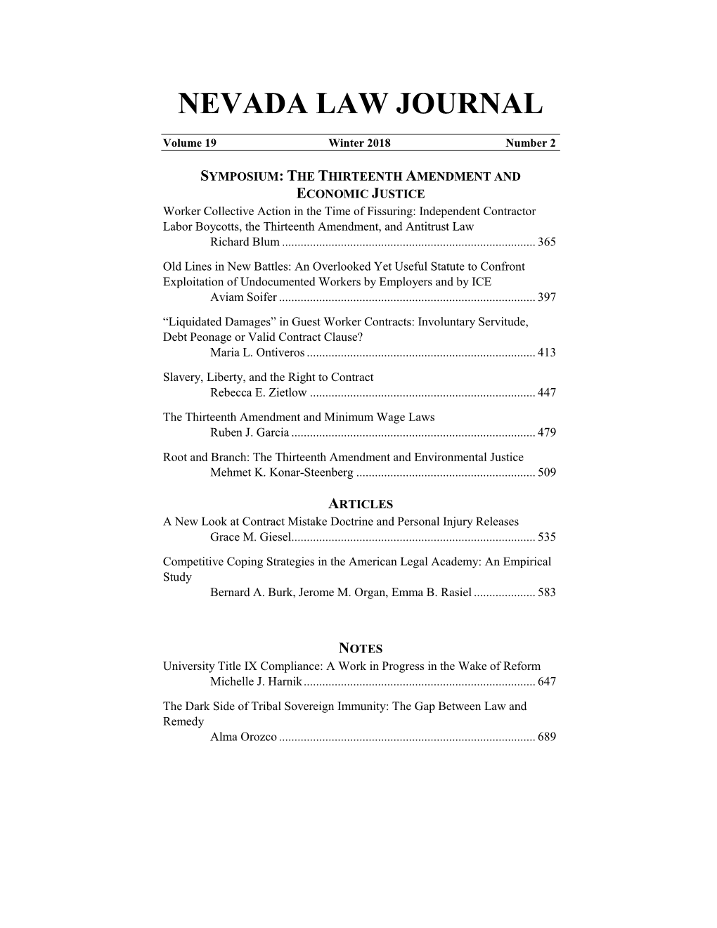 Table of Contents, Editorial Board, Law School Faculty And