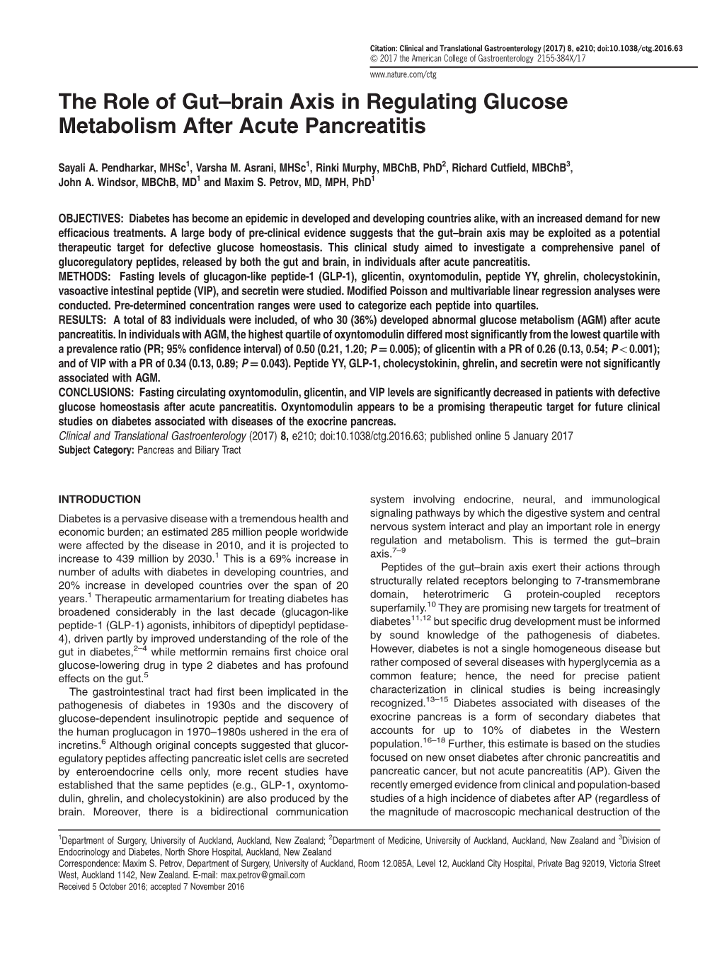 Brain Axis in Regulating Glucose Metabolism After Acute Pancreatitis