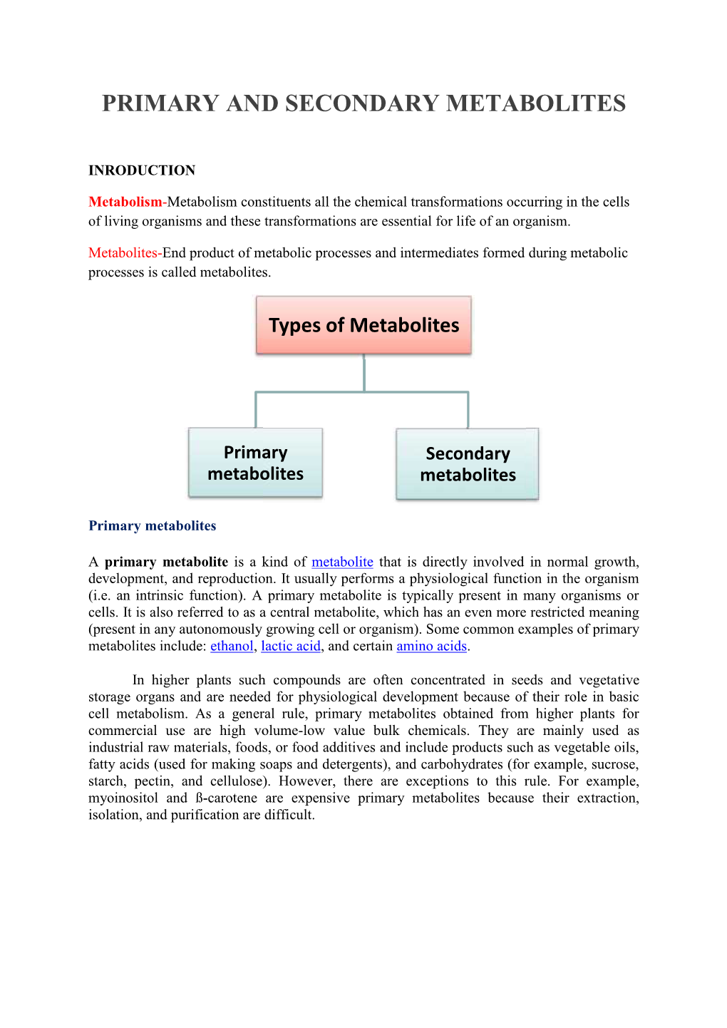 Primary and Seconda Mary and Secondary Metabolites