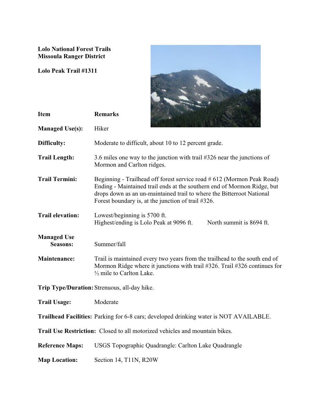 Lolo National Forest Trails Missoula Ranger District