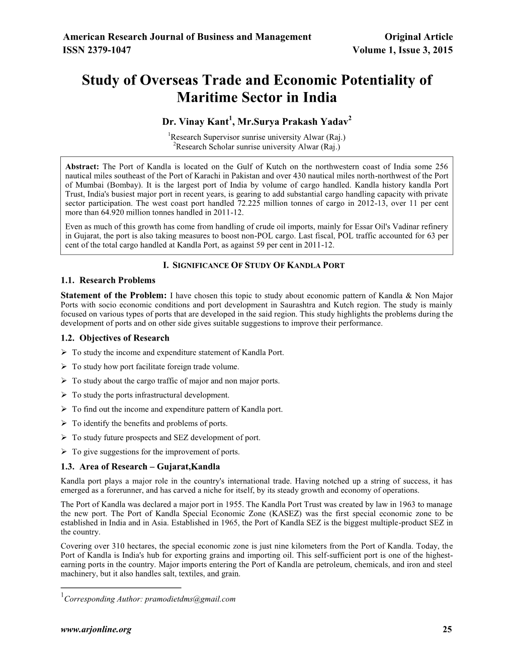 Study of Overseas Trade and Economic Potentiality of Maritime Sector in India