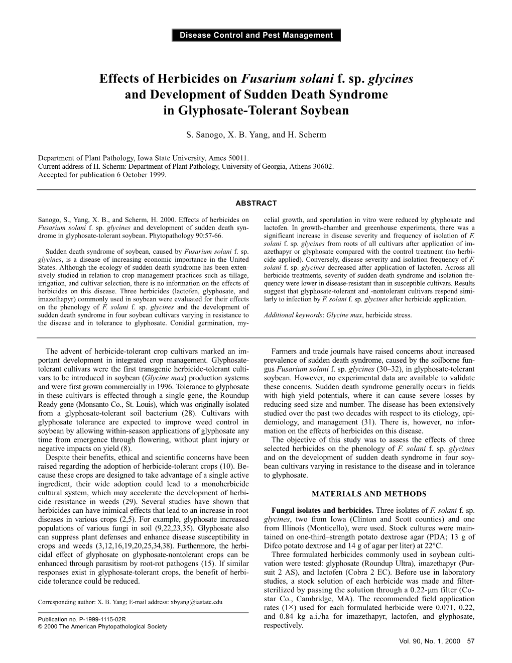 Effects of Herbicides on Fusarium Solani F. Sp. Glycines and Development of Sudden Death Syndrome in Glyphosate-Tolerant Soybean