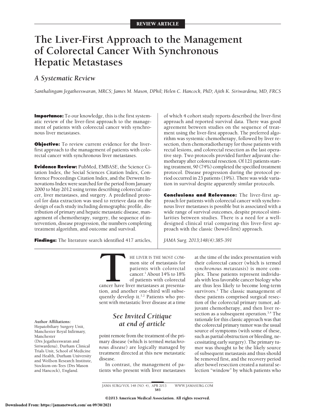 The Liver-First Approach to the Management of Colorectal Cancer with Synchronous Hepatic Metastases a Systematic Review