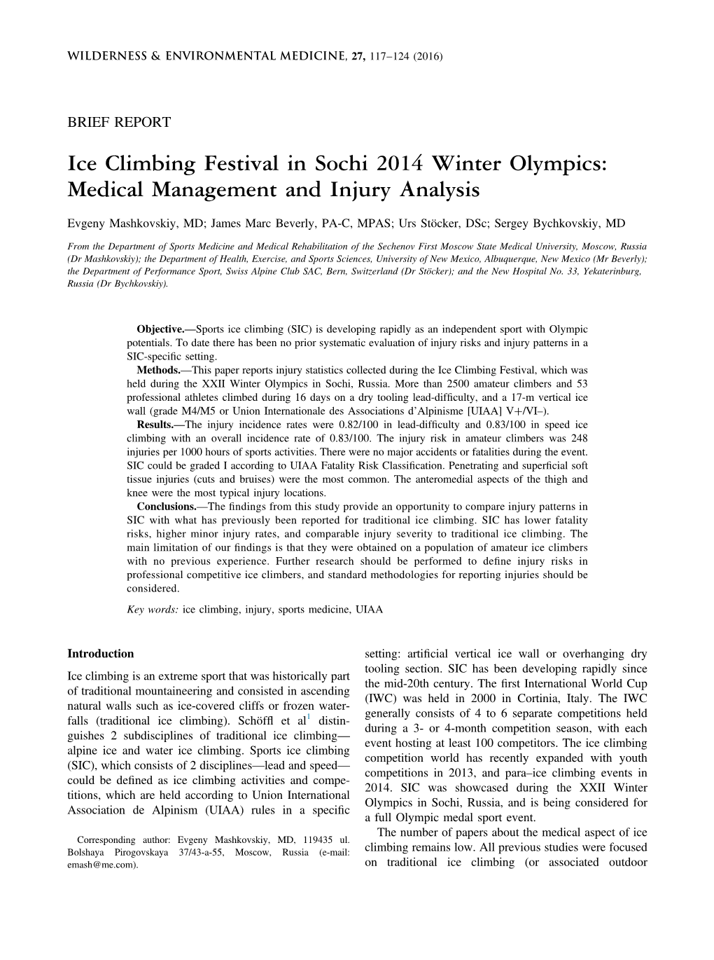 Ice Climbing Festival in Sochi 2014 Winter Olympics: Medical Management and Injury Analysis