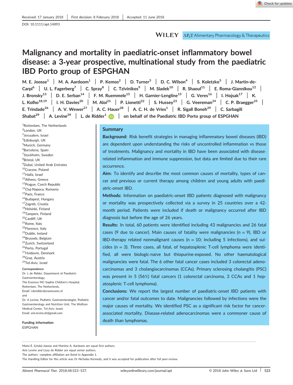 Malignancy and Mortality in Paediatric‐Onset Inflammatory Bowel Disease: a 3‐Year Prospective, Multinational Study from the Paediatric IBD Porto Group of ESPGHAN M