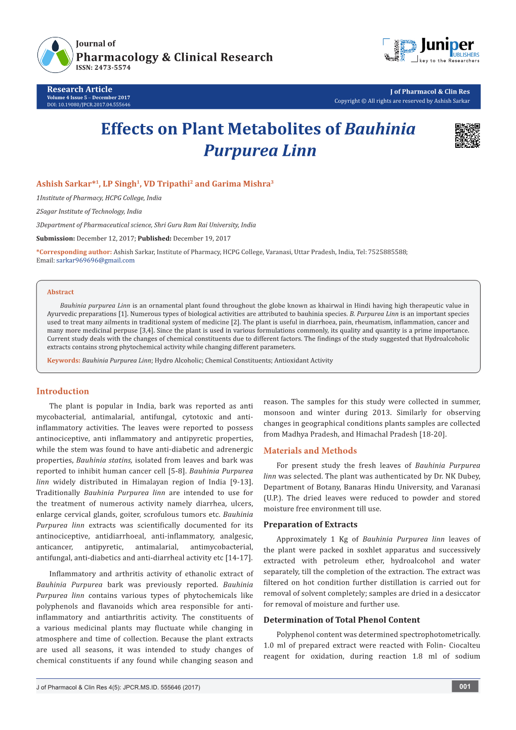 Effects on Plant Metabolites of Bauhinia Purpurea Linn