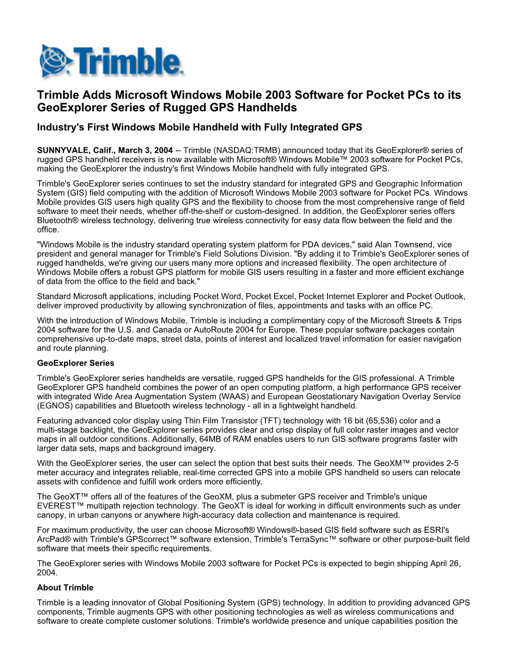 Trimble Adds Microsoft Windows Mobile 2003 Software for Pocket