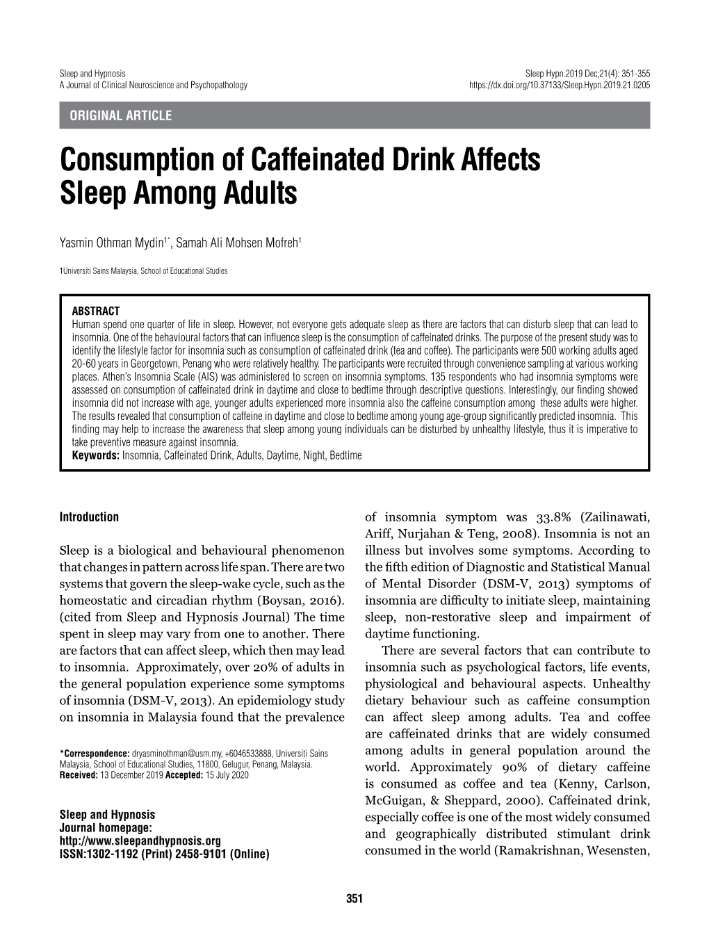 Consumption of Caffeinated Drink Affects Sleep Among Adults