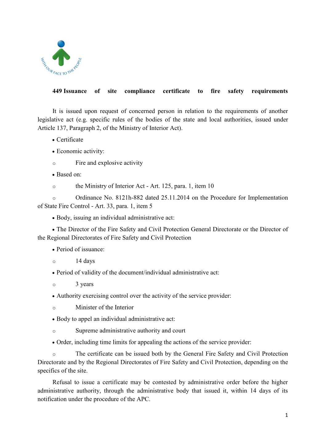 449 Issuance of Site Compliance Certificate to Fire Safety Requirements It Is Issued Upon Request of Concerned Person in Relati