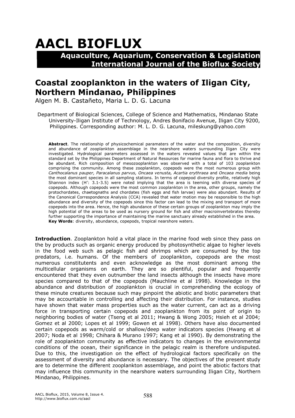 Coastal Zooplankton in the Waters of Iligan City, Northern Mindanao, Philippines Algen M