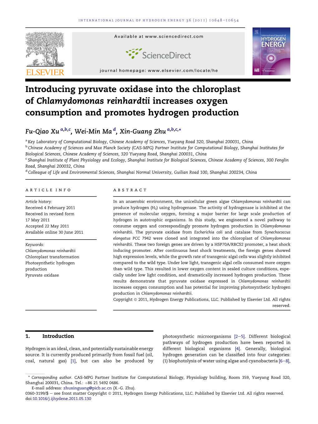 Introducing Pyruvate Oxidase Into the Chloroplast of Chlamydomonas Reinhardtii Increases Oxygen Consumption and Promotes Hydrogen Production
