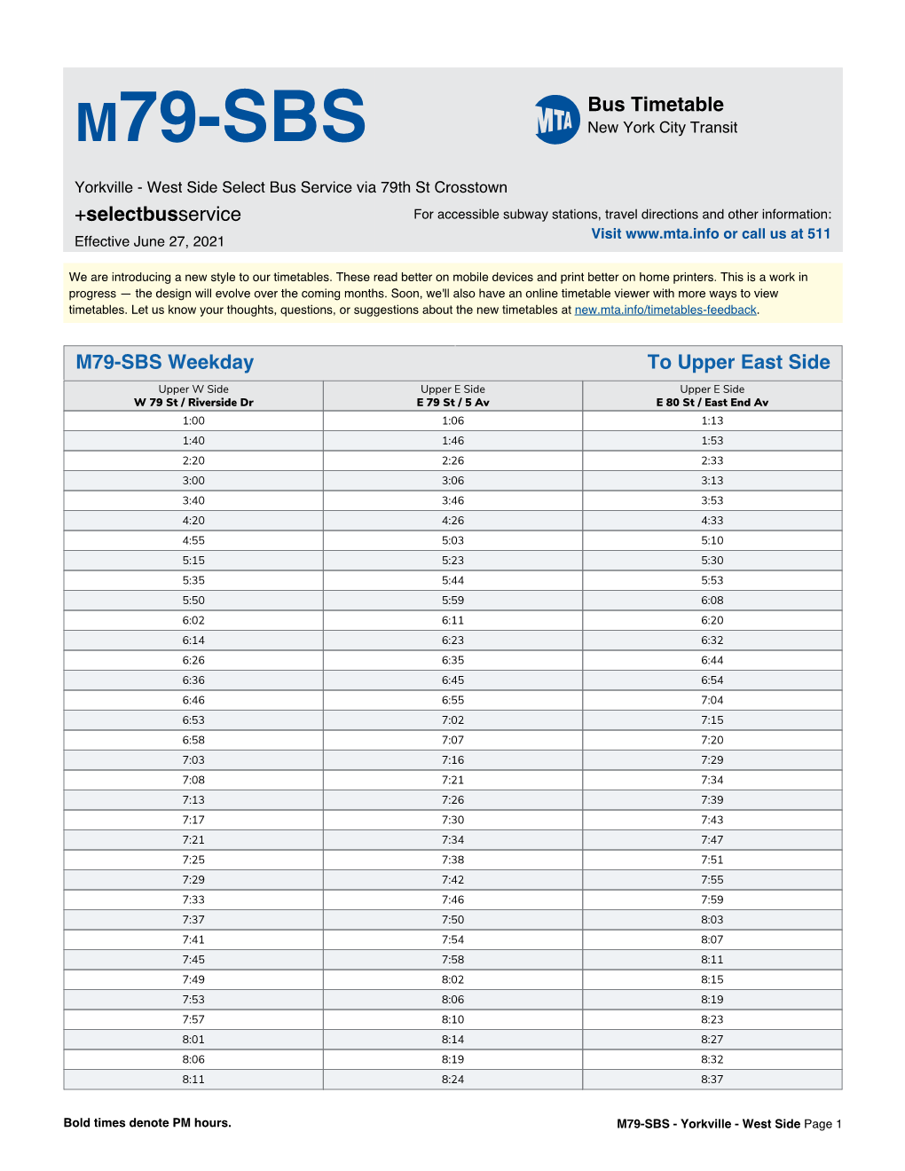 MTA M79-SBS Bus Timetable