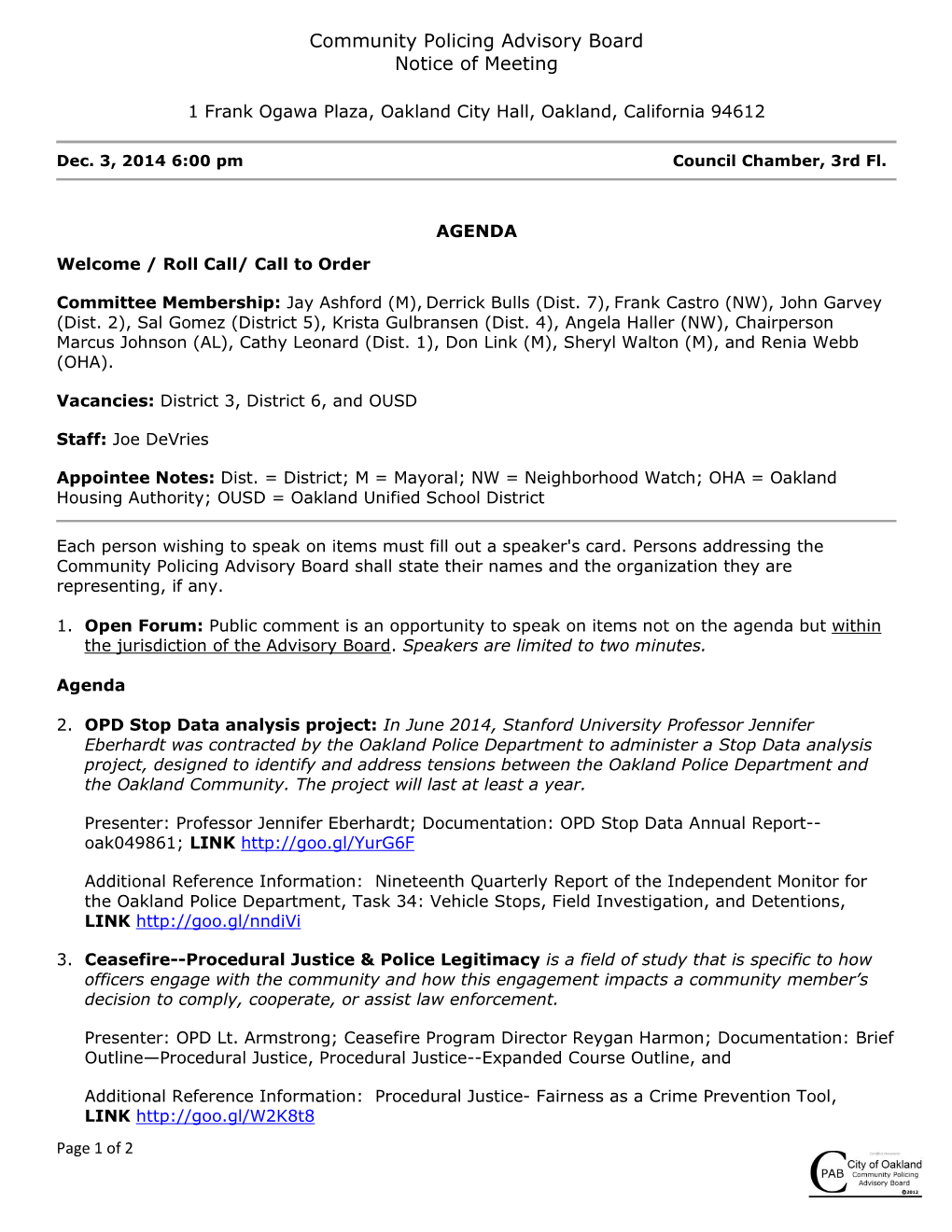 Community Policing Advisory Board Notice of Meeting