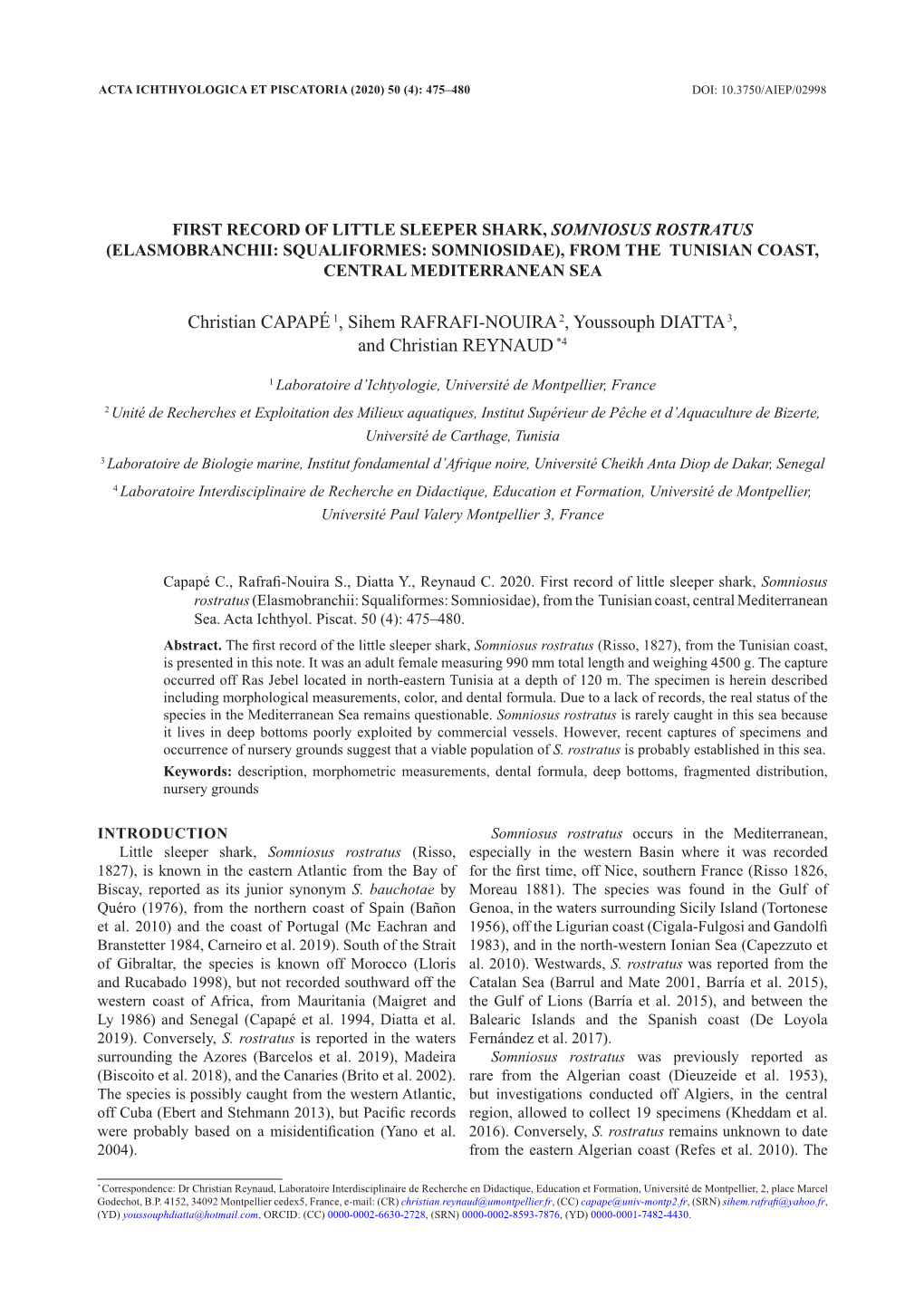 First Record of Little Sleeper Shark, Somniosus Rostratus (Elasmobranchii: Squaliformes: Somniosidae), from the Tunisian Coast, Central Mediterranean Sea