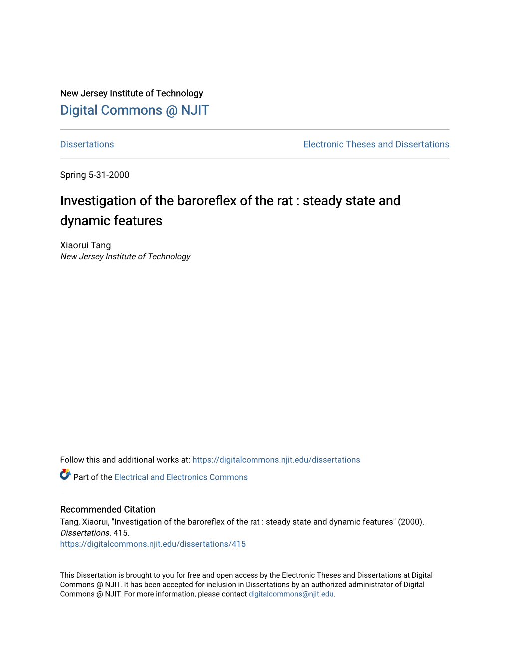 Investigation of the Baroreflex of the Rat : Steady State and Dynamic