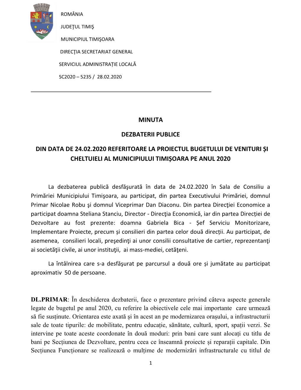 Minuta Dezbaterii Publice Din Data De 24.02.2020 Referitoare La Proiectul